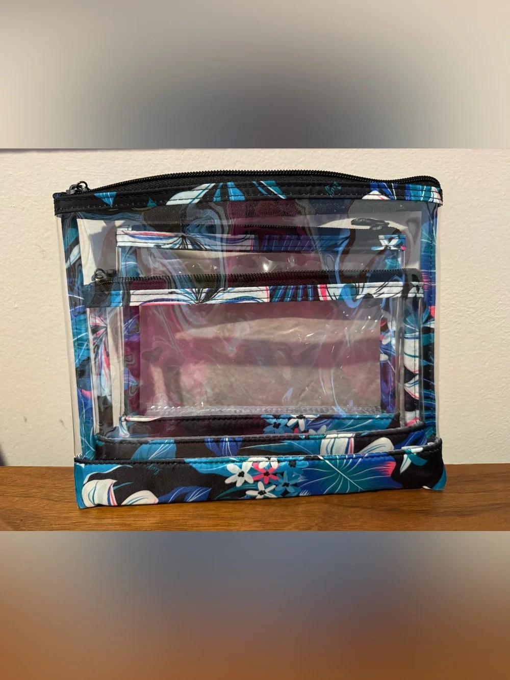 Lug Seesaw 2 Piece Clear Envelope Travel Pouch Set Black Floral Whimsy NWOT
